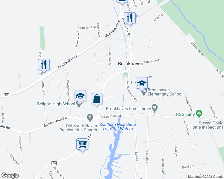 map of restaurants, bars, coffee shops, grocery stores, and more near 7 Prairie Lane in Brookhaven