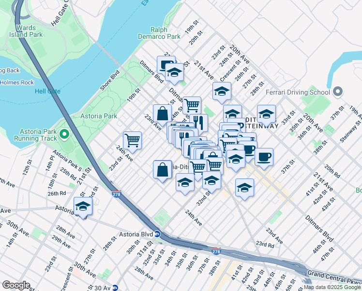 map of restaurants, bars, coffee shops, grocery stores, and more near 2620 23rd Avenue in Queens