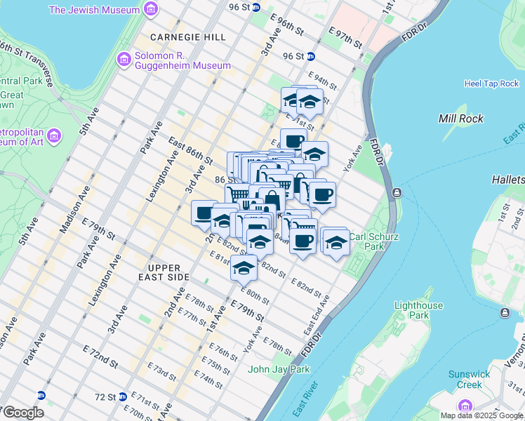 map of restaurants, bars, coffee shops, grocery stores, and more near 1634 1st Avenue in New York