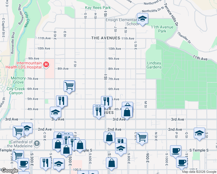 map of restaurants, bars, coffee shops, grocery stores, and more near 609 East 6th Avenue in Salt Lake City