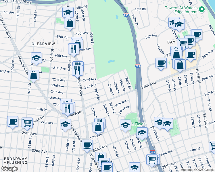 map of restaurants, bars, coffee shops, grocery stores, and more near 24-03 202nd Street in Queens