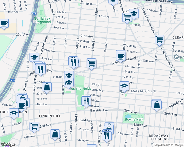 map of restaurants, bars, coffee shops, grocery stores, and more near 14965 25th Avenue in Queens