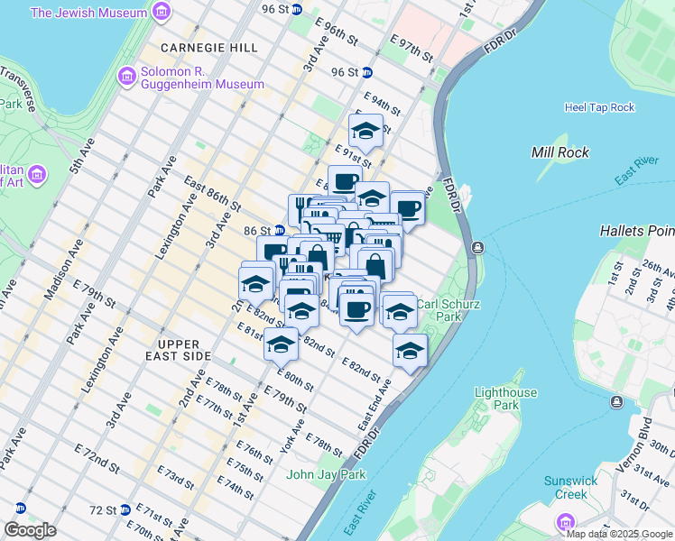 map of restaurants, bars, coffee shops, grocery stores, and more near 420 East 86th Street in New York