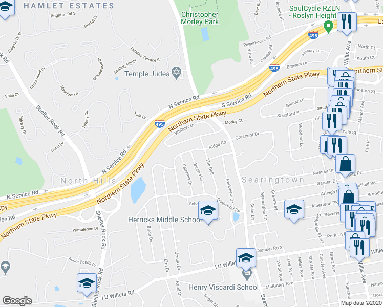 map of restaurants, bars, coffee shops, grocery stores, and more near 96 Birch Hill in Albertson