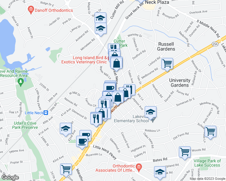 map of restaurants, bars, coffee shops, grocery stores, and more near Great Neck Rd & Cutter Mill Ln in University Gardens