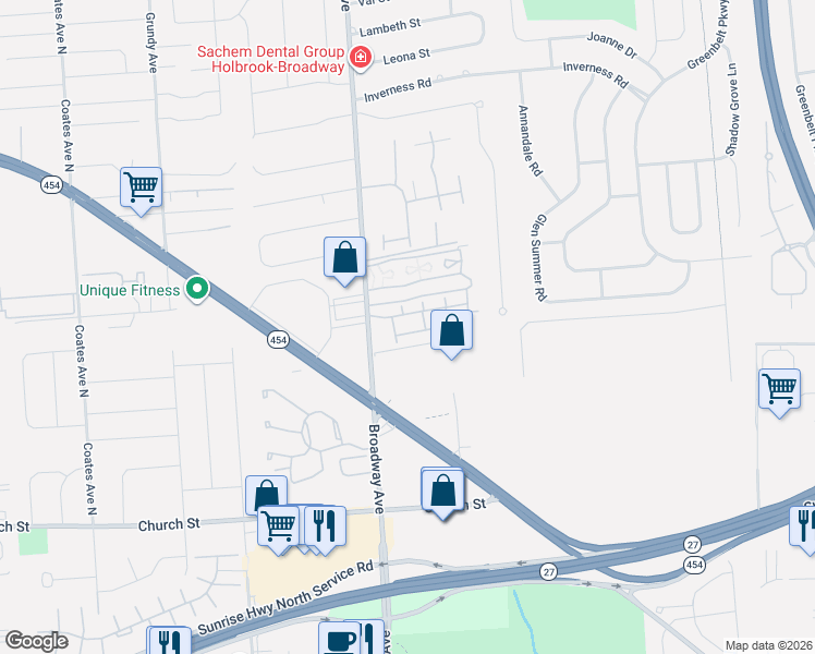 map of restaurants, bars, coffee shops, grocery stores, and more near 43 Sunlight Walk in Holbrook