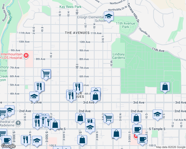map of restaurants, bars, coffee shops, grocery stores, and more near 687 East 6th Avenue in Salt Lake City