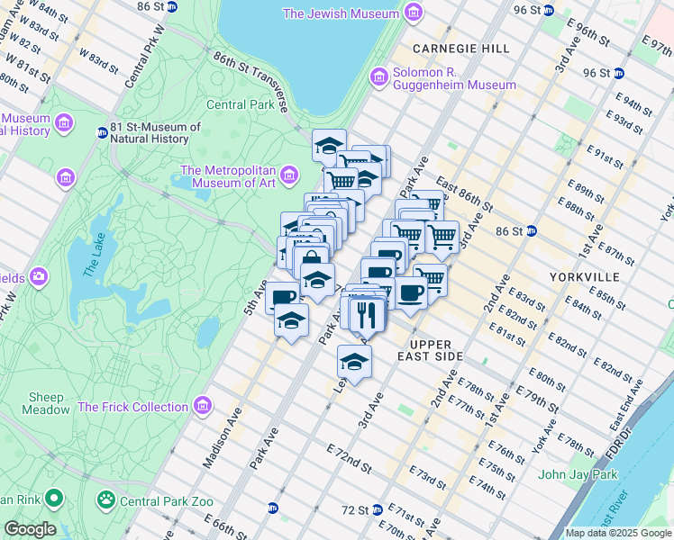 map of restaurants, bars, coffee shops, grocery stores, and more near 58 East 80th Street in New York
