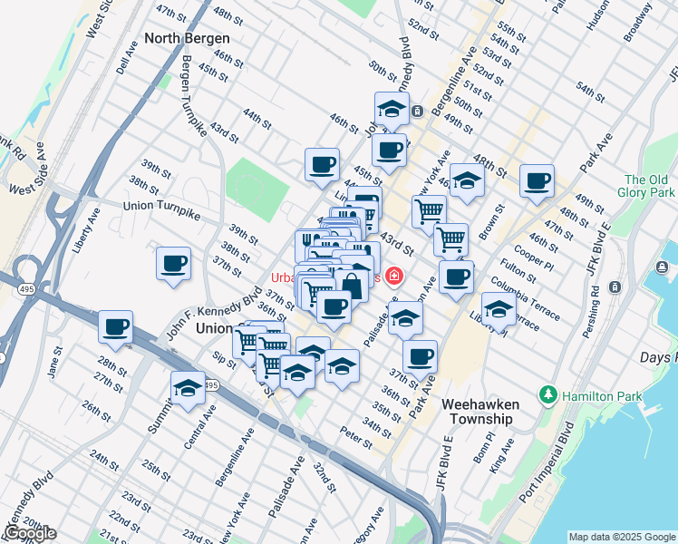 map of restaurants, bars, coffee shops, grocery stores, and more near 4001 Bergenline Avenue in Union City