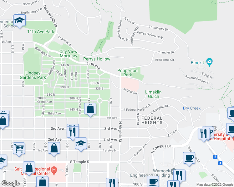map of restaurants, bars, coffee shops, grocery stores, and more near 307 Virginia Street in Salt Lake City