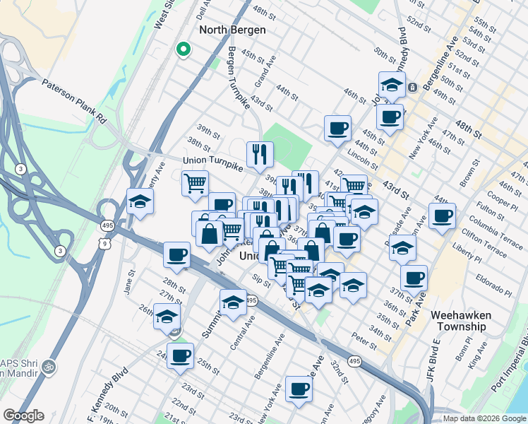 map of restaurants, bars, coffee shops, grocery stores, and more near 616 36th Street in Union City