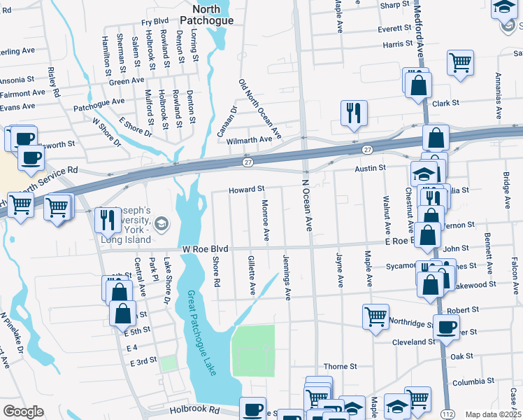 map of restaurants, bars, coffee shops, grocery stores, and more near 106 Monroe Avenue in Patchogue