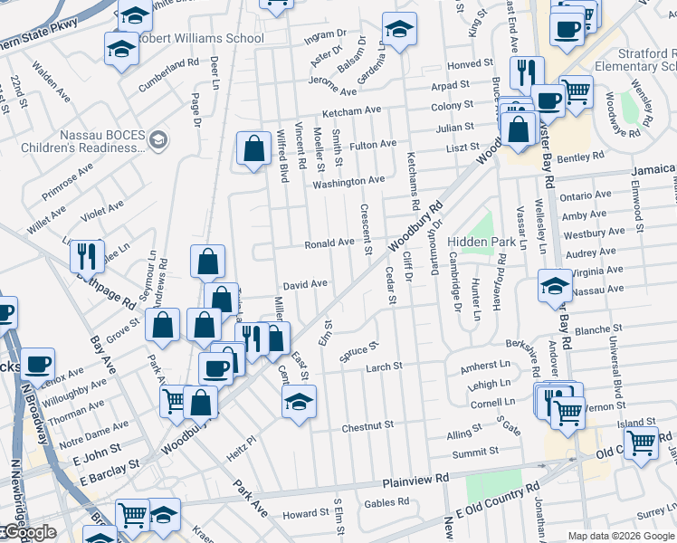 map of restaurants, bars, coffee shops, grocery stores, and more near 2 Smith Street in Hicksville