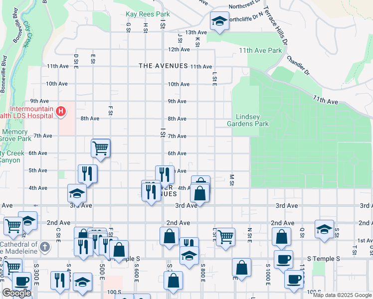 map of restaurants, bars, coffee shops, grocery stores, and more near 665 East 6th Avenue in Salt Lake City