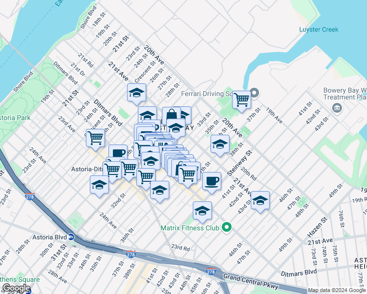 map of restaurants, bars, coffee shops, grocery stores, and more near 21-27 33rd Street in Queens