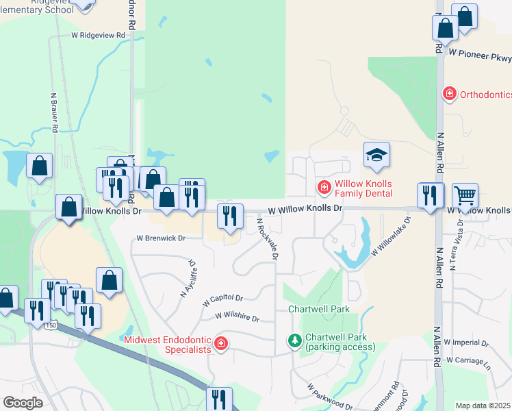 map of restaurants, bars, coffee shops, grocery stores, and more near 3207 West Willow Knolls Drive in Peoria