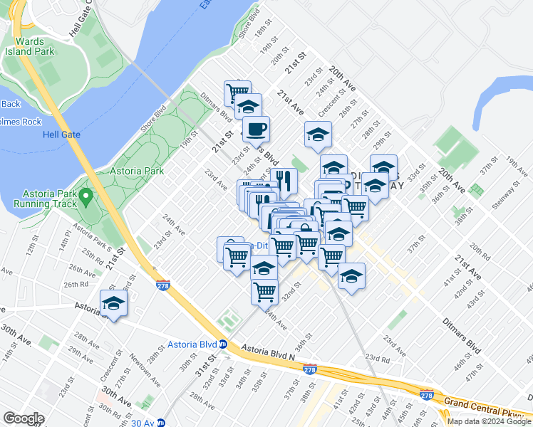 map of restaurants, bars, coffee shops, grocery stores, and more near 22-70 27th Street in Queens