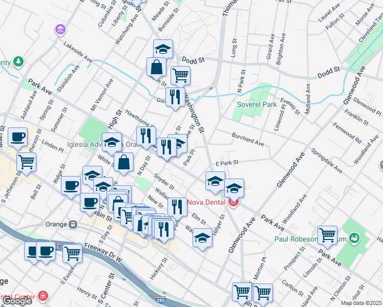 map of restaurants, bars, coffee shops, grocery stores, and more near 198 Park Place in City of Orange