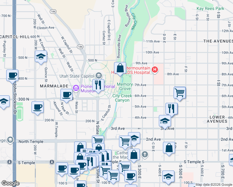 map of restaurants, bars, coffee shops, grocery stores, and more near 155 120 East in Salt Lake City