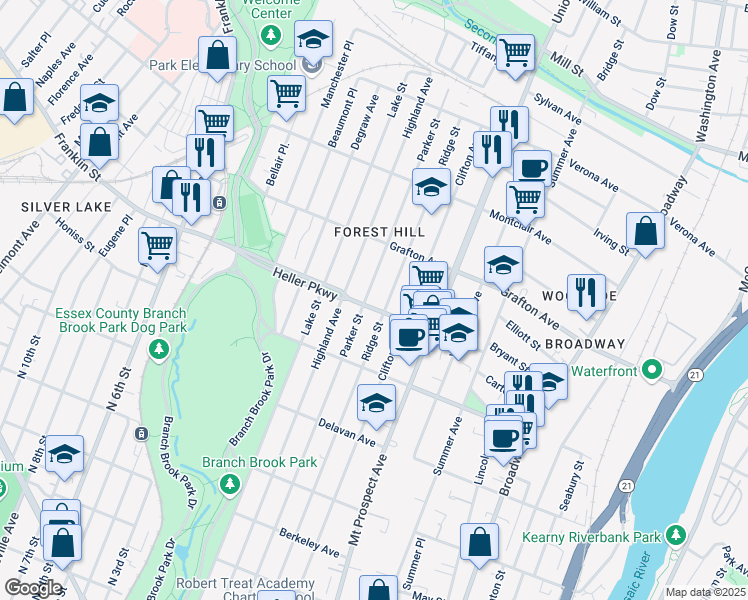 map of restaurants, bars, coffee shops, grocery stores, and more near 87 Heller Parkway in Newark