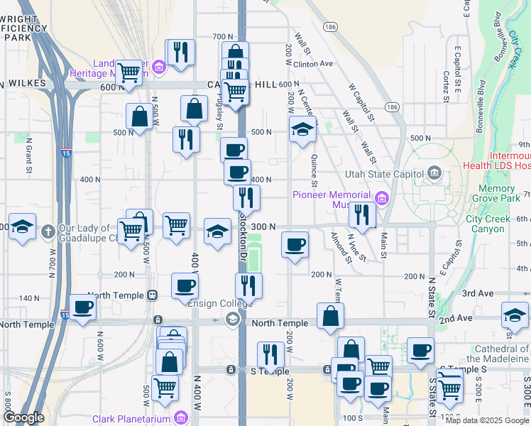 map of restaurants, bars, coffee shops, grocery stores, and more near 244 West 300 North in Salt Lake City