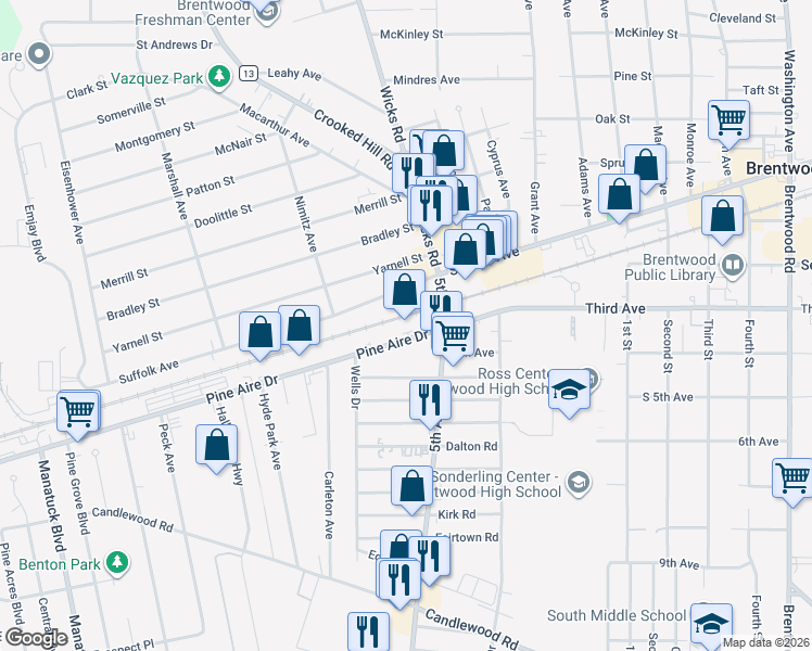 map of restaurants, bars, coffee shops, grocery stores, and more near 16 Pine Aire Drive in Bay Shore
