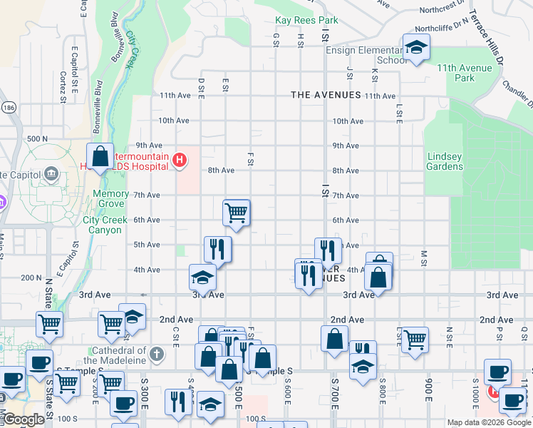 map of restaurants, bars, coffee shops, grocery stores, and more near 504 6th Avenue in Salt Lake City