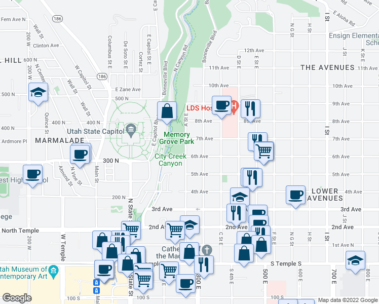 map of restaurants, bars, coffee shops, grocery stores, and more near 278 A Street East in Salt Lake City