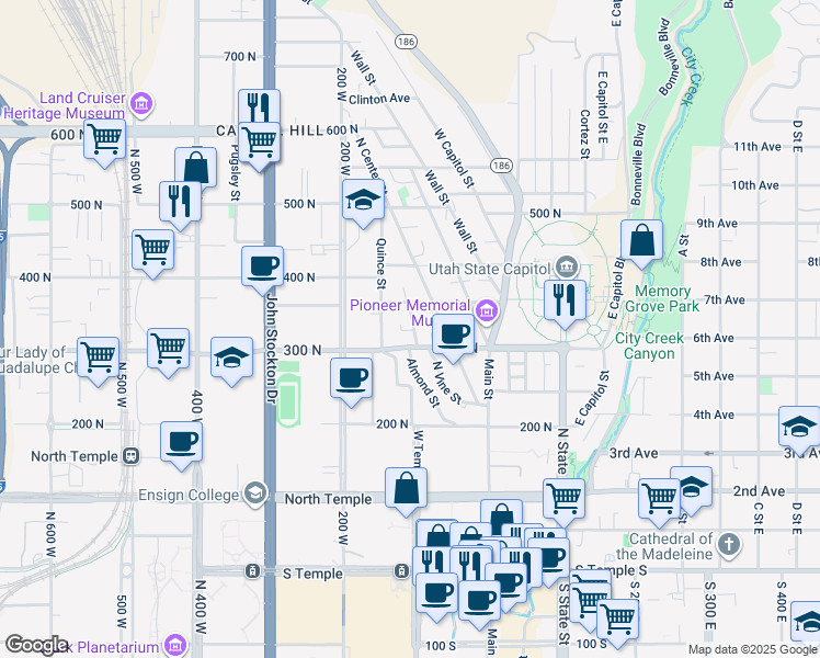 map of restaurants, bars, coffee shops, grocery stores, and more near 303 Almond Street in Salt Lake City