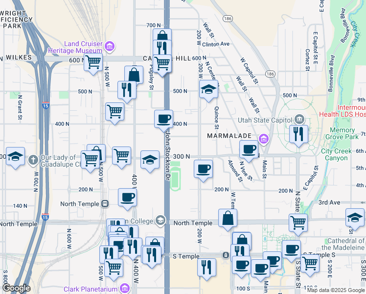 map of restaurants, bars, coffee shops, grocery stores, and more near 270 West 300 North in Salt Lake City