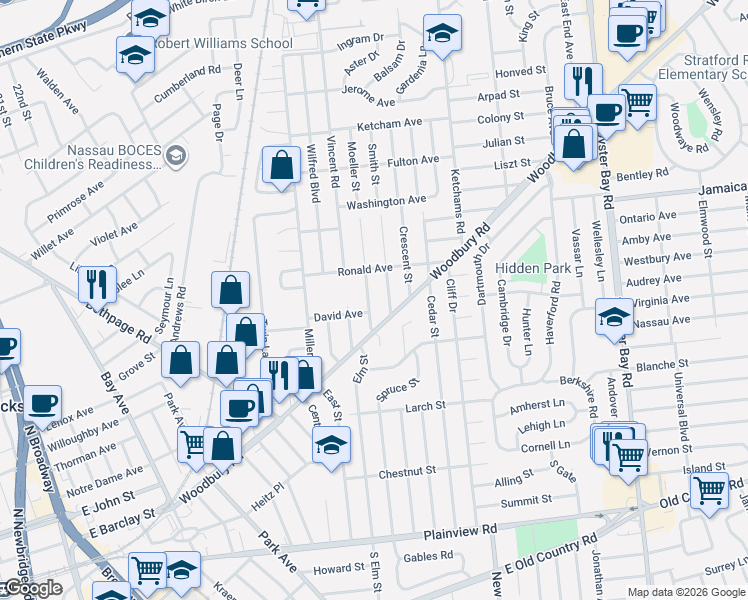map of restaurants, bars, coffee shops, grocery stores, and more near 2 Smith Street in Hicksville