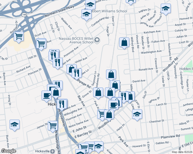 map of restaurants, bars, coffee shops, grocery stores, and more near 12 Seymour Lane in Hicksville