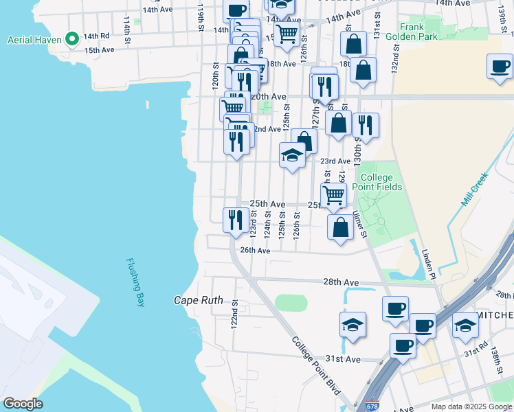 map of restaurants, bars, coffee shops, grocery stores, and more near 25-21 123rd Street in Queens
