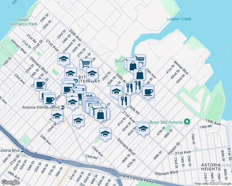 map of restaurants, bars, coffee shops, grocery stores, and more near 20-70 37th Street in Queens