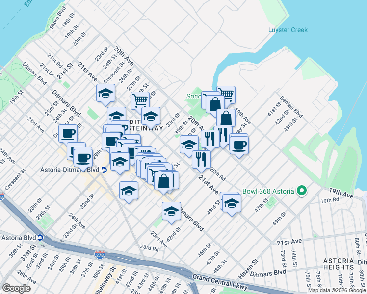 map of restaurants, bars, coffee shops, grocery stores, and more near 20-70 37th Street in Queens