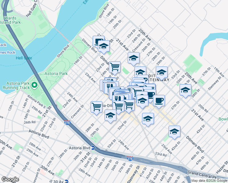 map of restaurants, bars, coffee shops, grocery stores, and more near 22-64 28th Street in Queens