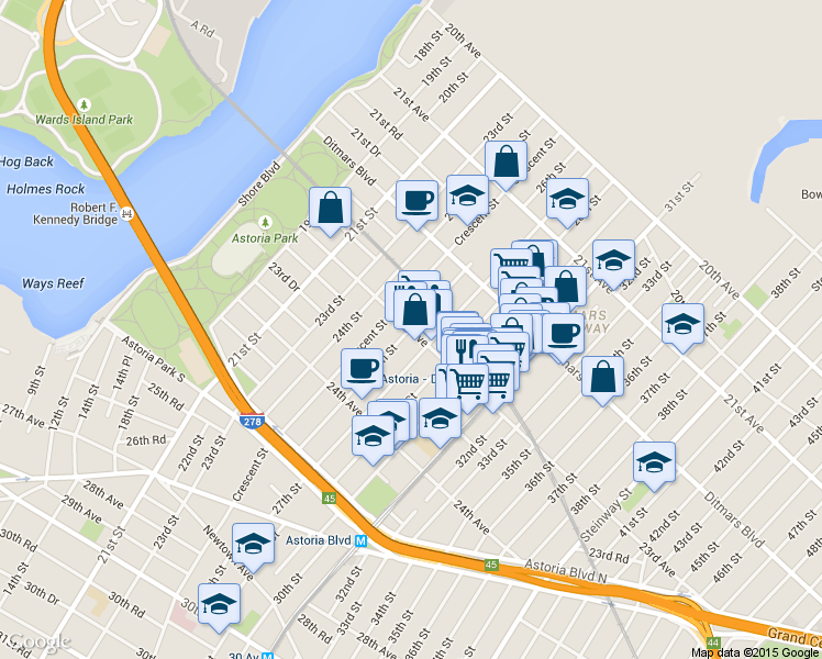 map of restaurants, bars, coffee shops, grocery stores, and more near 2620 23rd Avenue in Queens