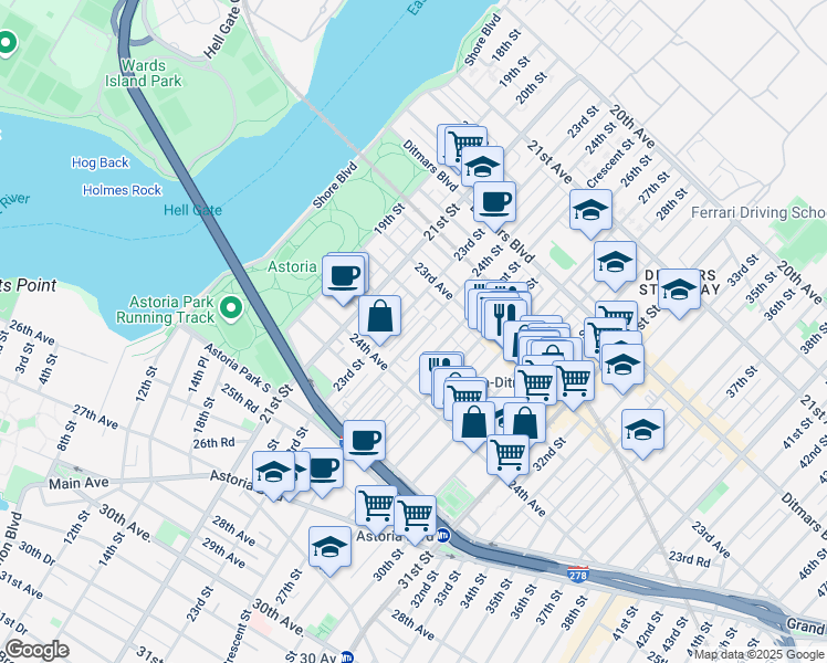 map of restaurants, bars, coffee shops, grocery stores, and more near 23-57 24th Street in Queens