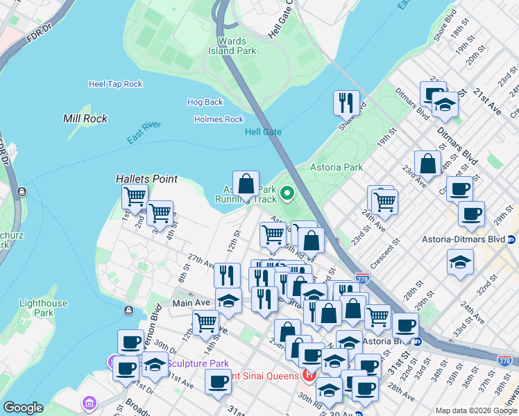 map of restaurants, bars, coffee shops, grocery stores, and more near 25-15 14th Street in Queens