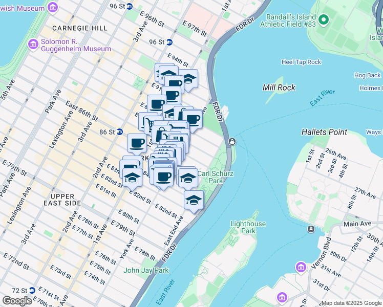 map of restaurants, bars, coffee shops, grocery stores, and more near 528 East 87th Street in New York
