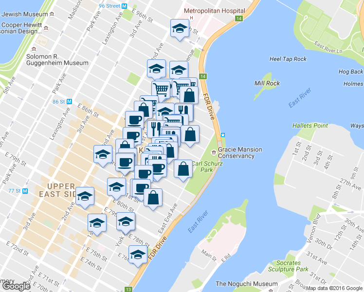 map of restaurants, bars, coffee shops, grocery stores, and more near 528 East 87th Street in New York