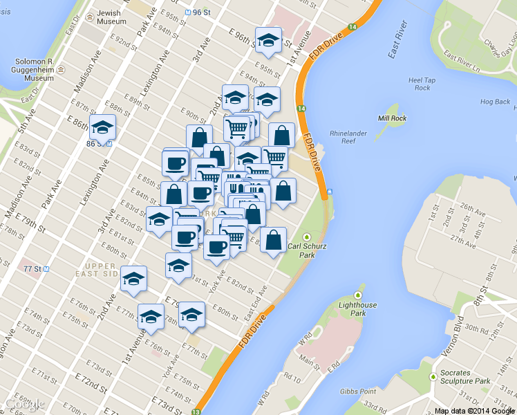 map of restaurants, bars, coffee shops, grocery stores, and more near in New York