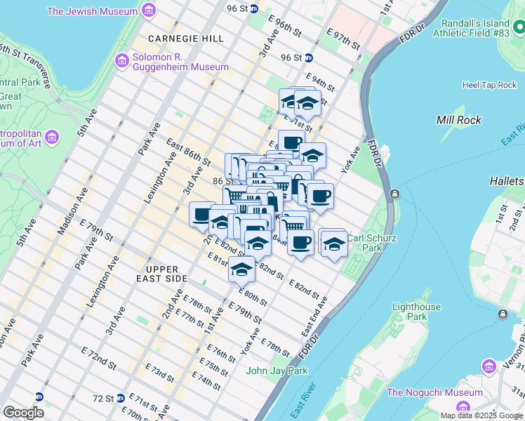 map of restaurants, bars, coffee shops, grocery stores, and more near 1634 1st Avenue in New York