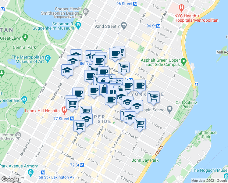 map of restaurants, bars, coffee shops, grocery stores, and more near 225 East 82nd Street in New York