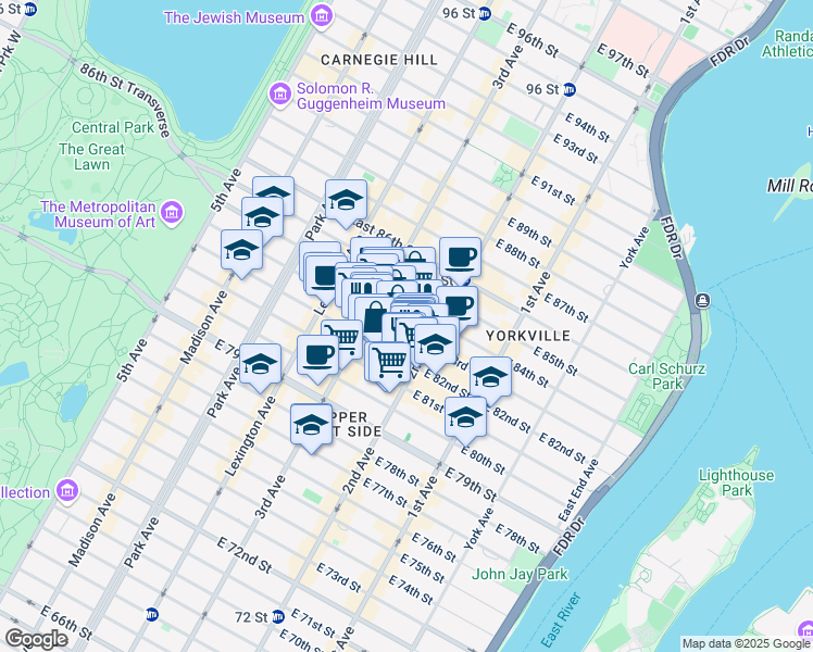 map of restaurants, bars, coffee shops, grocery stores, and more near 225 East 82nd Street in New York