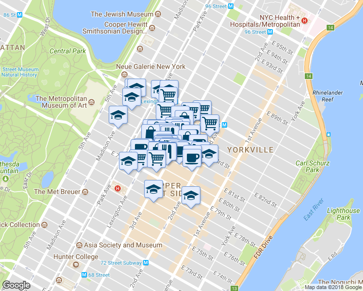 map of restaurants, bars, coffee shops, grocery stores, and more near 1445 3rd Avenue in New York