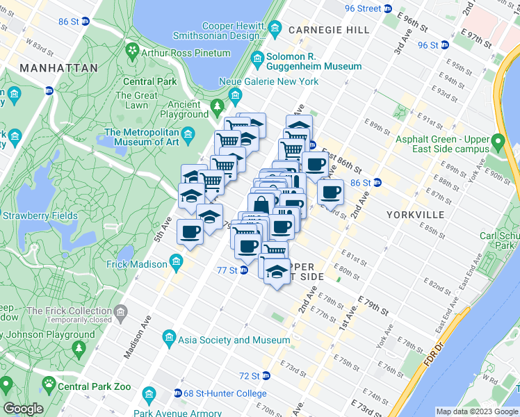 map of restaurants, bars, coffee shops, grocery stores, and more near in New York