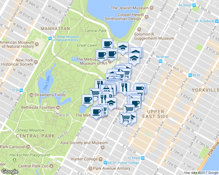 map of restaurants, bars, coffee shops, grocery stores, and more near 5A East 78th Street in New York