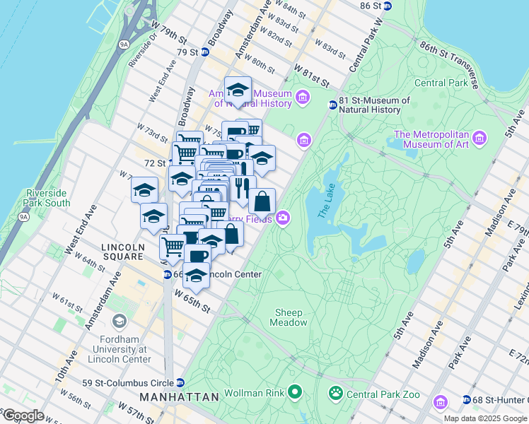 map of restaurants, bars, coffee shops, grocery stores, and more near 115 Central Park West in New York