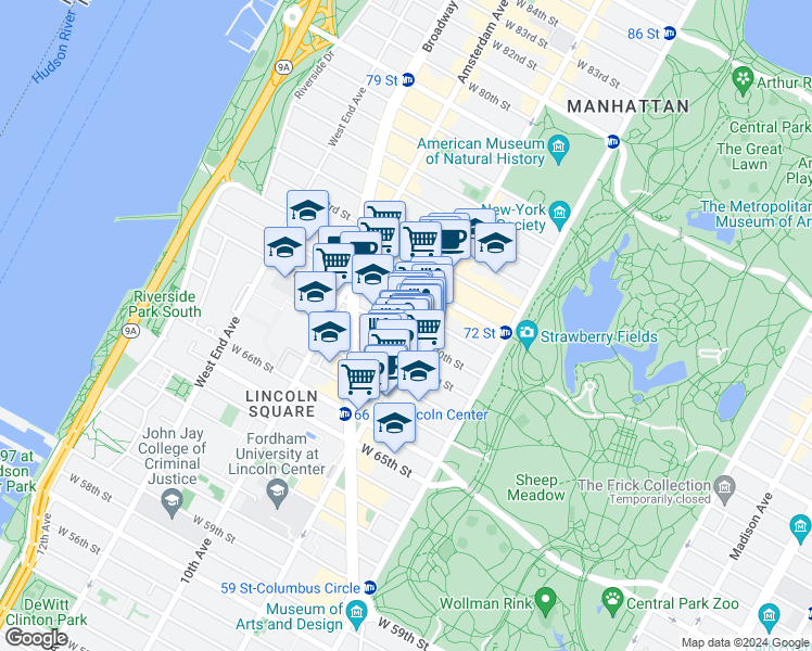 map of restaurants, bars, coffee shops, grocery stores, and more near in New York